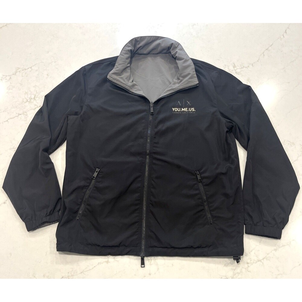 Armani Exchange Mens M Reversible Jacket You.Me.Us Black Gray Zip Hidden Hood